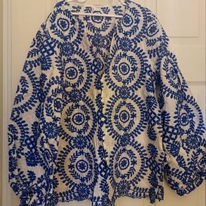 Embroidered Blue Blouse with Elastic sleeves